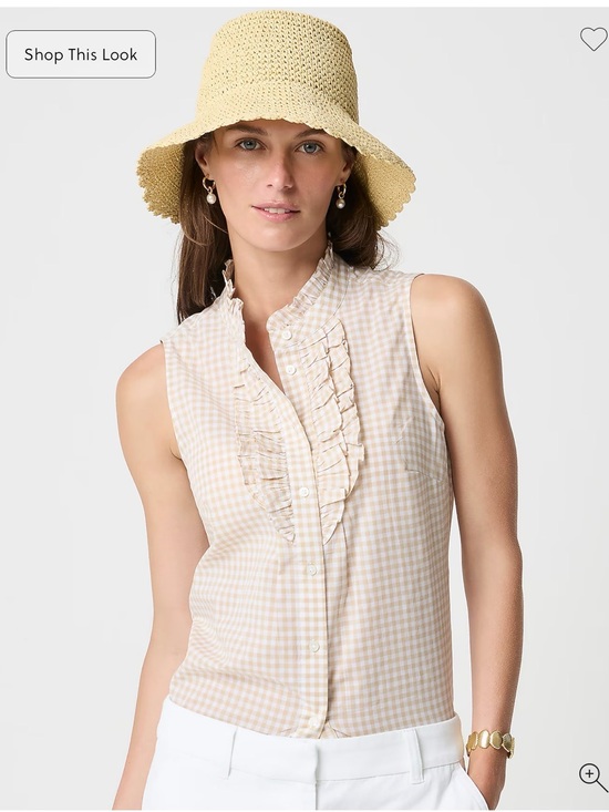 J. Crew Tops - J. Crew Sleeveless Cotton Gingham Ruffle-Front blouse in khaki and Cream NWT